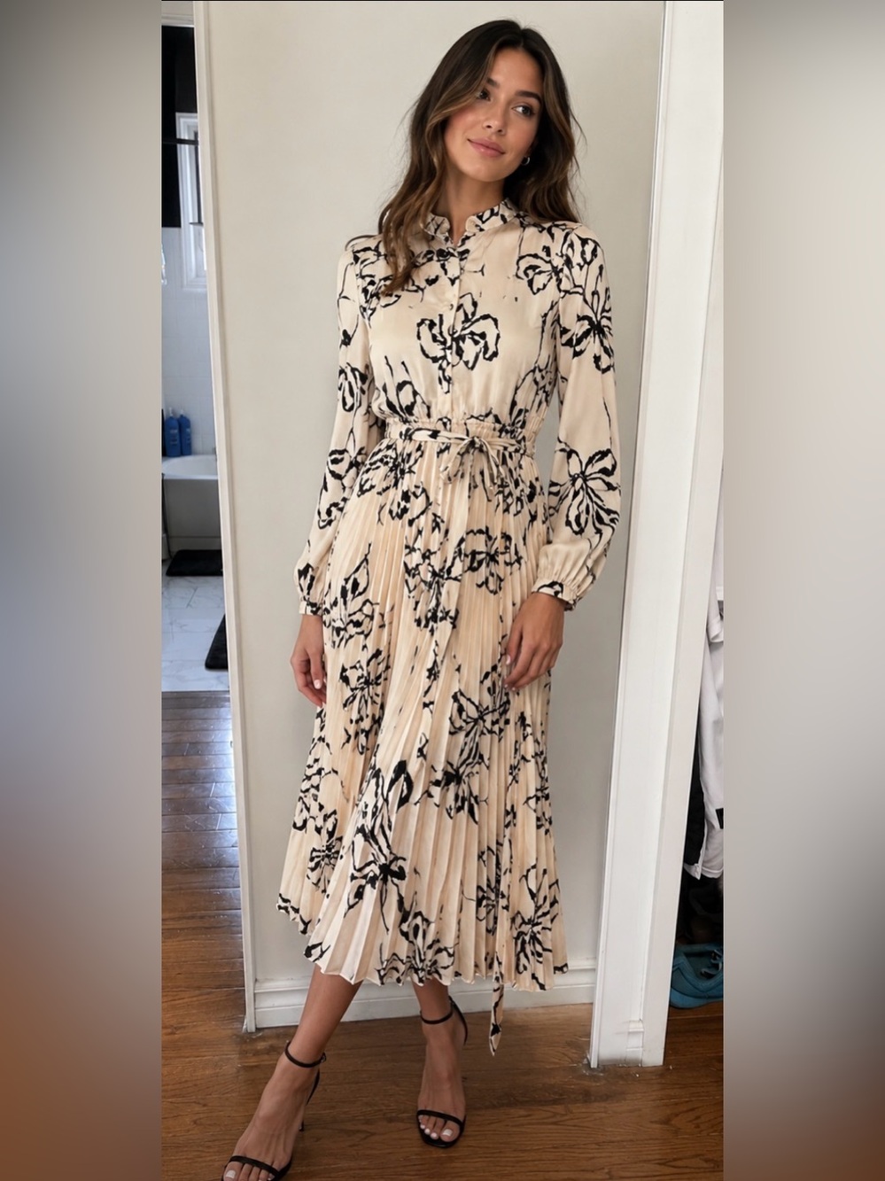 Beige Floral Pleated Maxi Dress with Tie Waist